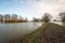 Flooded Dutch landscape due to the high water level in the adjacent river