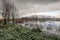 Flooded Dutch polder landscape in wintertime