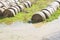 Flooded fields with wet hay bales after torrential rain