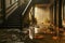 A flooded hallway with a staircase. Interior of flooded house