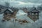 flooded house with wooden rafters in a rural area with houses and sky