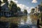 flooded houses on a canal in the north of France, 3d rendering. flooding houses, AI Generated