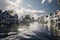 Flooded houses on the shore of a river in Florida, 3D rendering of flooding houses, AI Generated