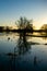 Flooded lands around Oxford area, Winter time floods in Chiselhampton in sunset, scenic view of rural lands with reflections in