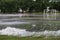 Flooded landscape in a football field, an announcement on the lawn in the rainy season