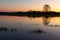 Flooded meadow at sunset with reflections in the water