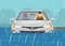 Flooded road and rainy weather. A frightened driver holding his head with hands. Scared character in a sinking car.