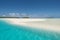 Flooded Sandbar, white sand, turquoise clear ocean water of Southern Pacific, small islands, palms, Aitutaki, Cook Islands