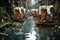 A flooded street with a row of orange and white robots. Generative AI image.