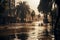 a flooded street of a tropical town with a stream of water in which garbage and tree branches