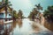 Flooded tropical rainfall island streets. Generate ai