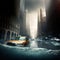 Flooding cityscape and rain with cars on streets created using generative ai technology