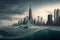 Flooding cityscape with skyscrapers and sea waves created using generative ai technology