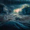 Flooding, deluge in a small town. Gloomy urban landscape. Generative AI