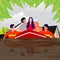 Flooding disaster concept rescuer help women on boat through water with flat cartoon style