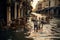 Flooding in an european country, with washed out street, destroyed furniture and garbage in the water