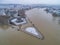 Flooding high water Koblenz Germany historic monument German Corner winter where rivers rhine and mosele flow together