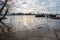 Flooding in winter on the Rhine with a bridge and flotsam