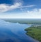 Floodplain of Great river in spring, top view