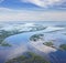 Floodplain of Great river in spring, top view