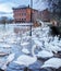 Floods on the River Severn at Worcester,as swans swim over flooded pedestrian areas,Worcestershire,England,UK