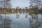 Floods with sunken picnic tables with reflexions near Tewkesbury