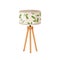 Floor lamp on wood legs. Electric light standing on wooden tripod, drum shade. Modern contemporary cozy lampshade