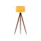 Floor lamp with yellow lampshade and three wooden legs. Item for modern interior design. Element of home decor. Flat