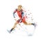 Floorball, woman playing floorball and running with ball, low poly isolated vector illustration