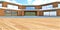The flooring made of a terrace board in front of a pool in the courtyard of a chic eco -friendly house finished with wood. 3D