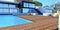 Flooring - terrace board. Pool with blue water. Advanced high-tech house. 3d render.