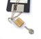 Floppy disk with chain, padlock and key.