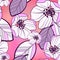 Floral abstract seamless pattern of large purple-white with black apple flowers and colorful leaves, on a bright gradient pink-