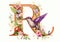 Floral alphabet letter adorned with flowers and a hummingbird. Letter R. Generative Ai
