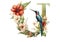 Floral alphabet letter adorned with flowers and a hummingbird. Letter U. Generative Ai