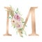 Floral alphabet, letter M with watercolor flowers