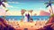 Floral arch, chairs, and newlywed couple on beach. Modern cartoon landscape of tropical ocean coast with decorations for