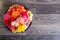 Floral arrangement of autumn flowers on a plate