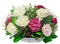 Floral arrangement, bouquet, with white, pink, yellow roses and purple hortensia, hydrangea close up, isolated, white background