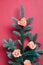 Floral arrangement fir tree sprig rose buds pink