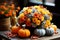 Floral arrangement of fresh flowers with colorful small pumpkins. Concept: harvest, Thanksgiving, Halloween, decor.