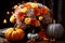 Floral arrangement of fresh flowers with colorful small pumpkins.Concept: harvest, Thanksgiving, Halloween.Generative AI