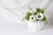 Floral arrangement of green roses and white daisies.
