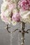 Floral arrangement with pink peonies, white hortensia