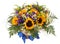 Floral arrangement of sunflowers, daisies, ferns and goldenrod. Flower composition