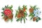 Floral arrangements, composition of Christmas star flowers, pine cones, holly, spruce branches, watercolor drawing