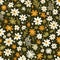 Floral background, 1970s colors of mustard yellow, white and green. Liberty ditsy style..