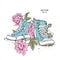 Floral background of peonies and shoes. Drawn sneakers in beautiful colors. Delicate print for women`s clothing, notebooks and mor