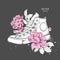 Floral background of peonies and shoes. Drawn sneakers in beautiful colors. Delicate print for women`s clothing, notebooks and mor