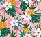 Floral background with tropical hawaiian flowers, leaves and pineapples. Vector seamless pattern for fabric design.